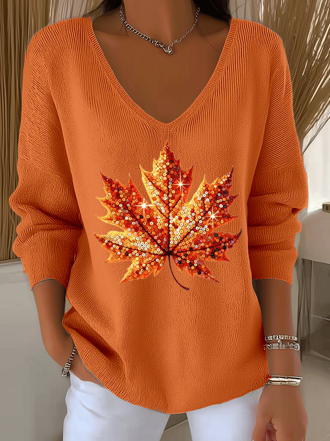 Women's Sequined Maple Leaf Printed Casual Striped Fabric Long Sleeve T-Shirt