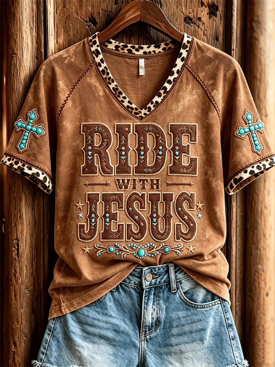 Women's  Retro Ride with Jesus Print T-shirt