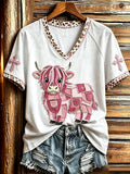 Women's Vintage Patchwork Highland Cow Art Cross Print V-neck Short-sleeved T-shirt