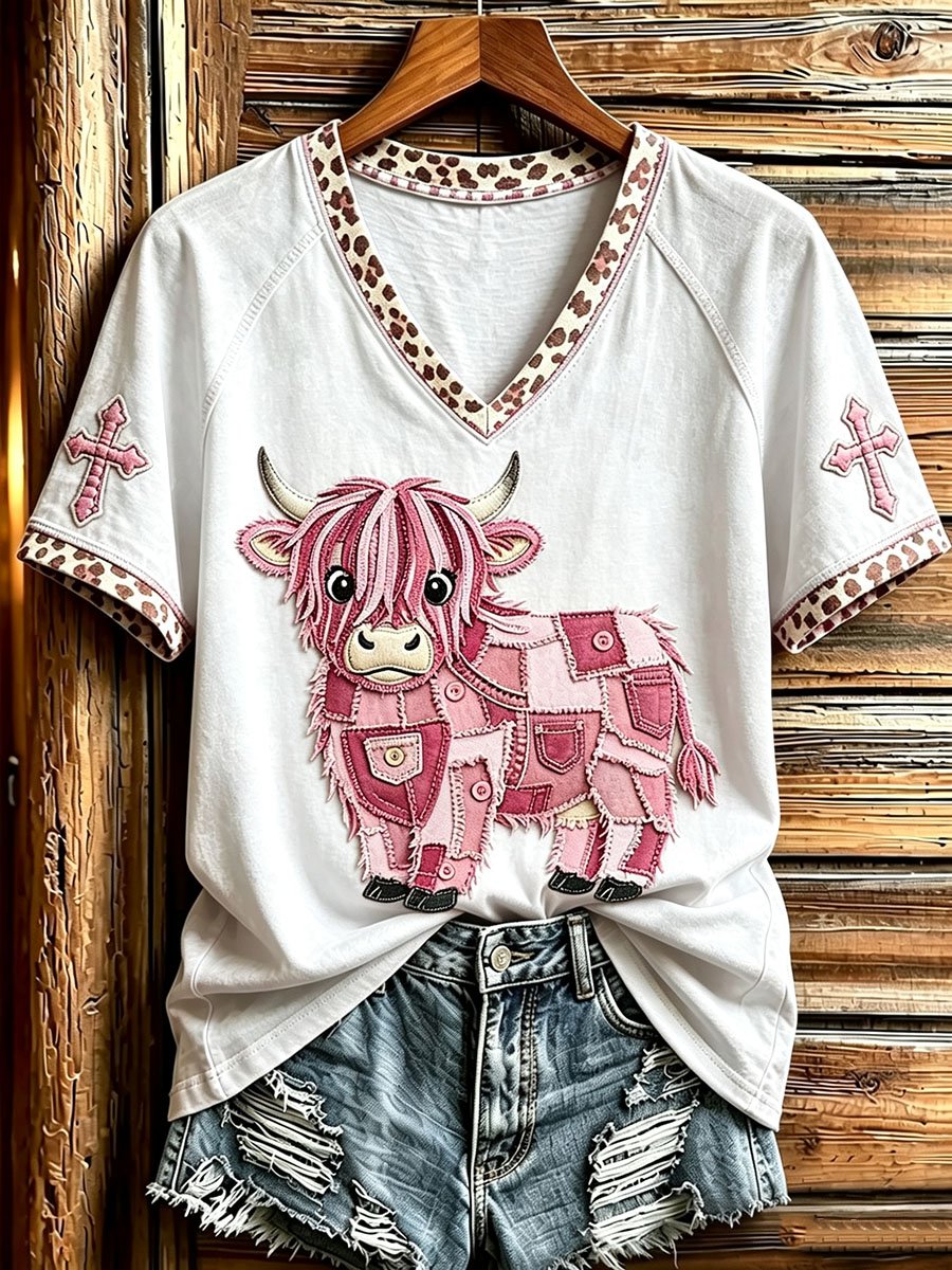 Women's Vintage Patchwork Highland Cow Art Cross Print V-neck Short-sleeved T-shirt