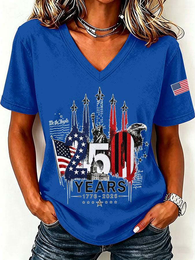 250Th Anniversary American Embroidery Commemorative V-Neck Short Sleeved T-Shirt