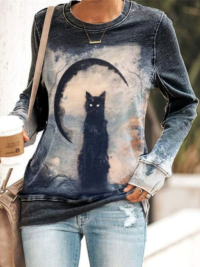 Halloween Vintage Cat Print Sweatshirt