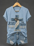 Women's Jesus The Way The Truth The Life Print Casual V-Neck Tee