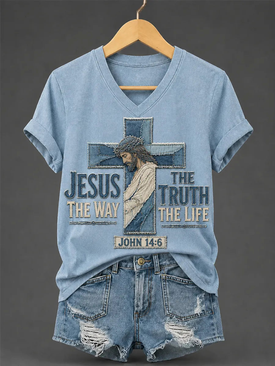 Women's Jesus The Way The Truth The Life Print Casual V-Neck Tee