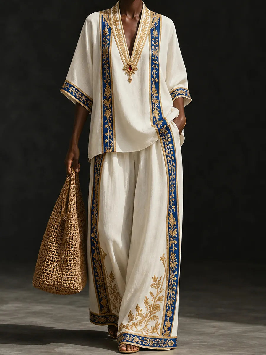 Royal White & Blue Regal Kaftan Set with Gold Filigree Medallion Necklace Detail