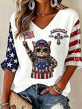 Ladies' American Cat Flag Cross Pattern V-Neck Casual Top