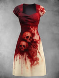 Women's Retro Skull Art Print V Neck Dress