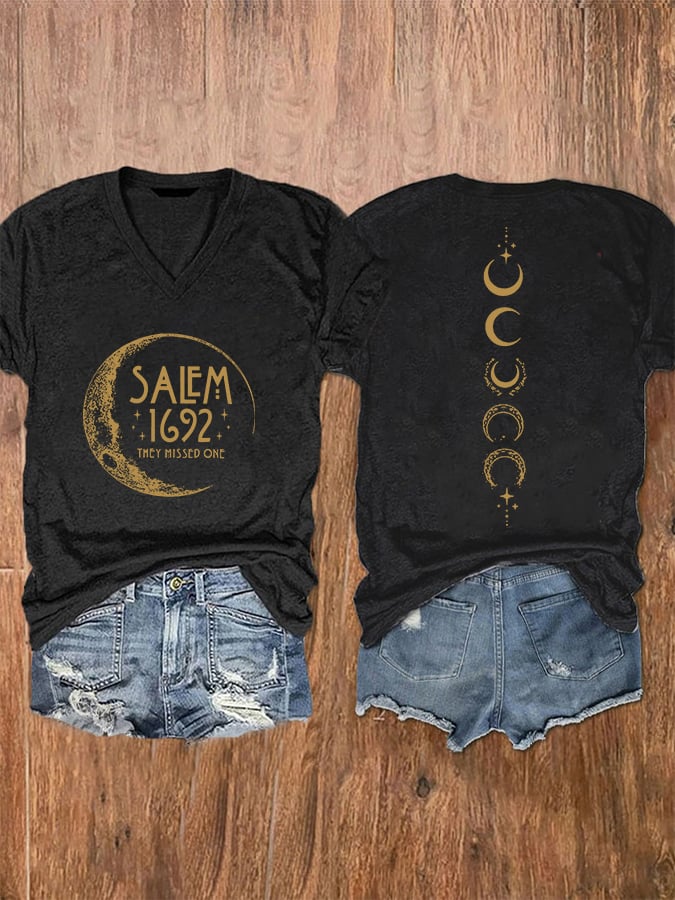 Women's Halloween Salem 1692 They Missed One Print V-Neck T-Shirt