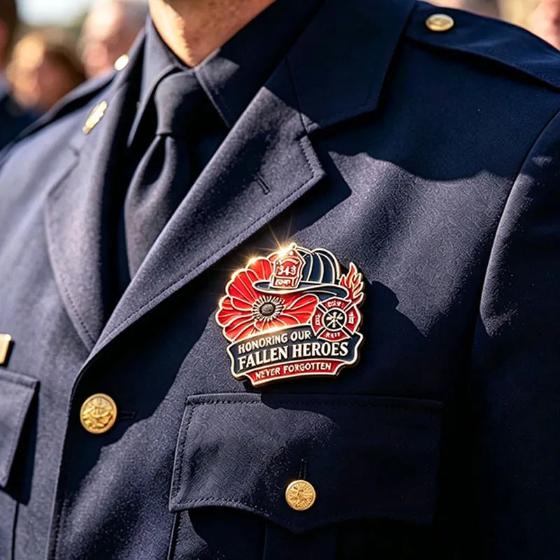“Honoring Our Fallen Heroes – Never Forgotten” FDNY 343 Firefighter Memorial Brooch Pin | Red Poppy Tribute Badge | 9.11 Commemorative Collectible