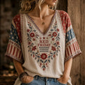 Red Friday Patriotic Vintage Patchwork V-Neck Shirt for Women