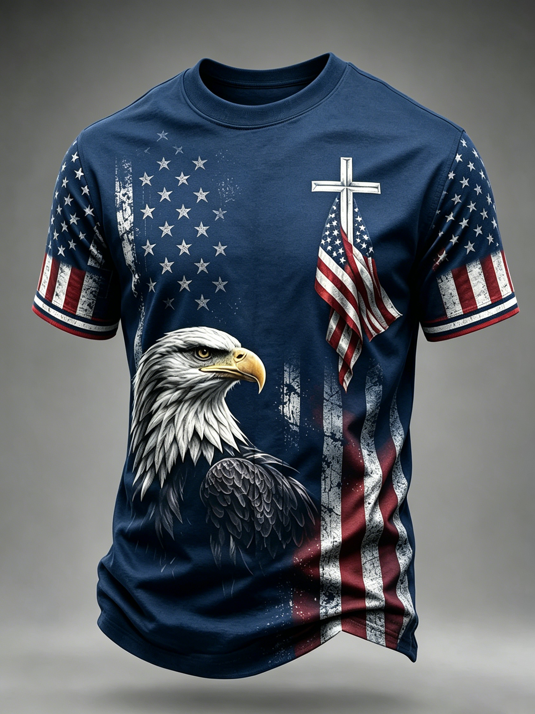 American Flag Eagle Casual Printed Round Neck T-shirt