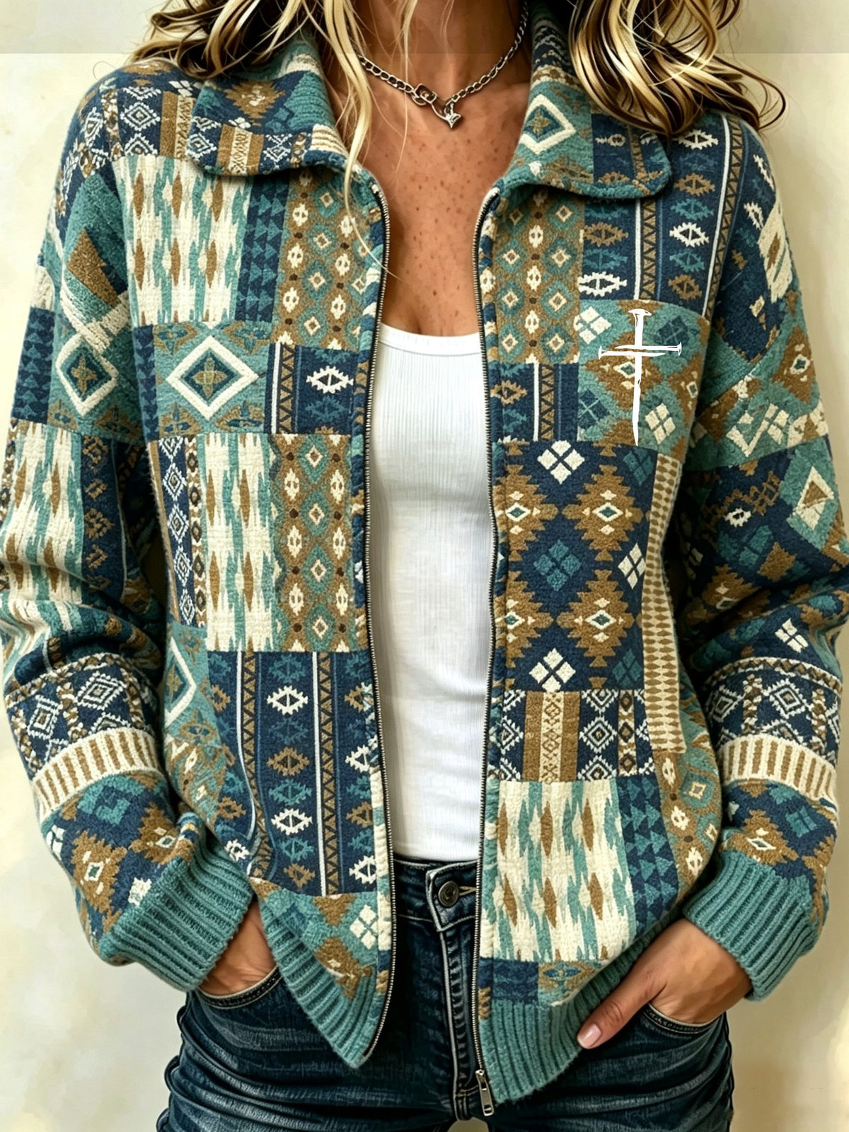 Women's Retro Geometric Print Casual Cardigan