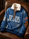 Men's Retro Style Art Print Jacquard Fabric Zipper Fur Collar Long Sleeve Sweatshirt