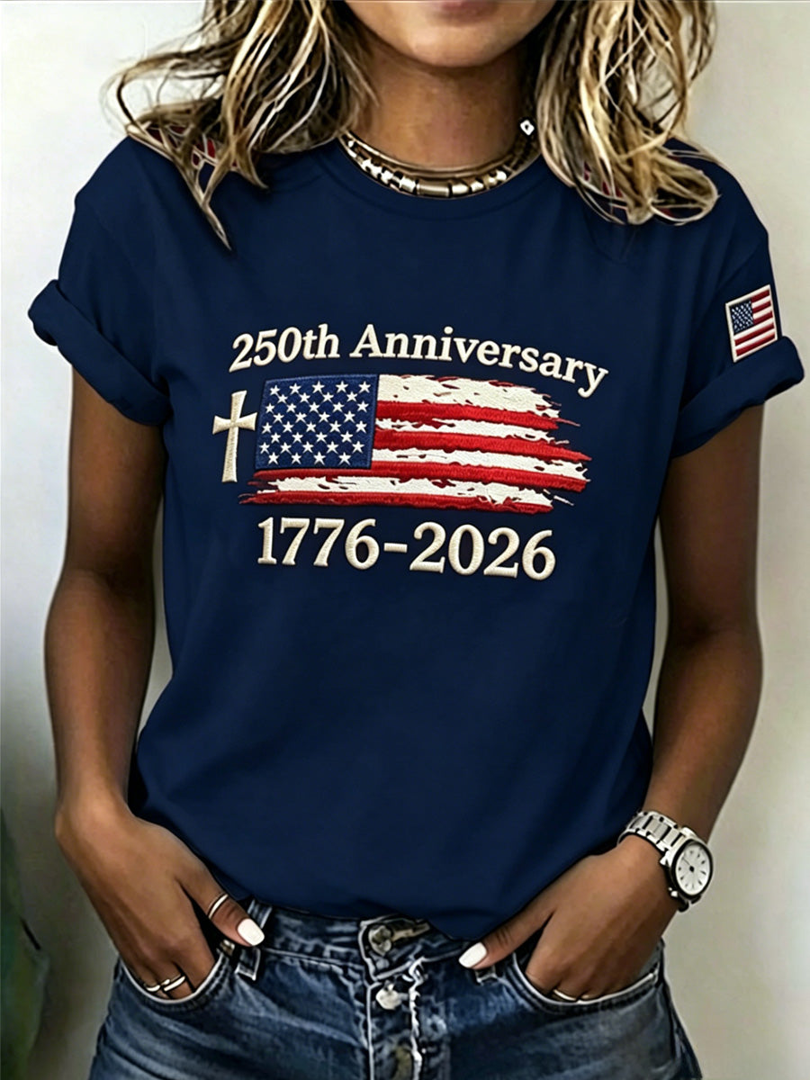 Ladies' Casual Round Neck American 250Th Anniversary Print T-Shirt