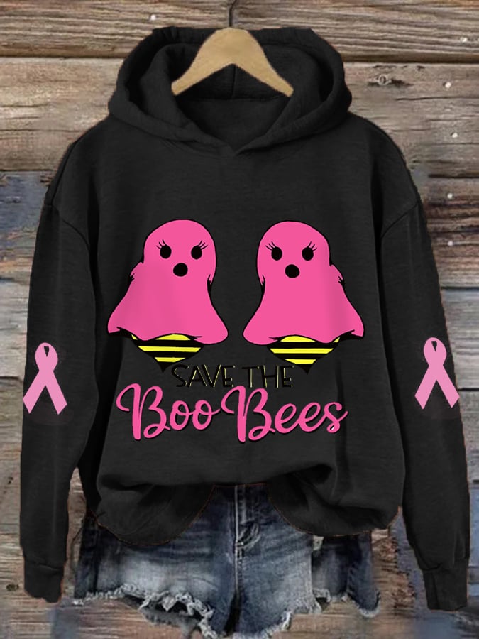 Women's Pink Halloween Ghost Save The Boo Bees Breast Cancer Awareness Warrior Hoodie