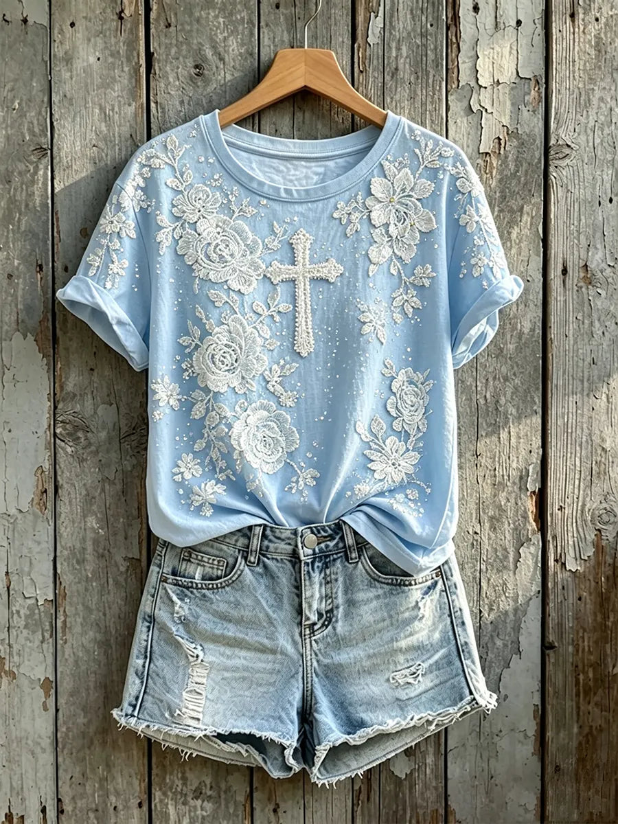 Women's Floral Cross Print Faith Round Neck Short-sleeved T-shirt