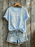 Women's Floral Cross Print Faith Round Neck Short-sleeved T-shirt
