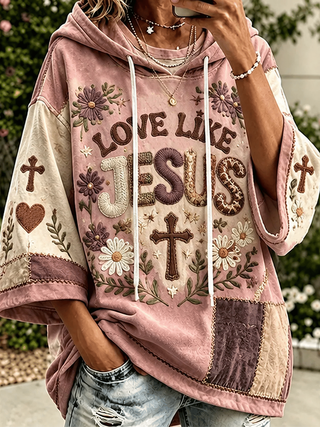 Women's Faith-Themed Color-Blocked Design Casual Hoodie