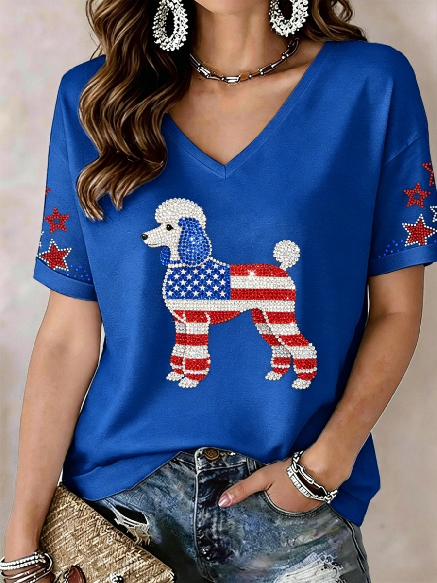 Women's Lovely Poodle Dog Rhinestone Pattern V-Neck T-Shirt