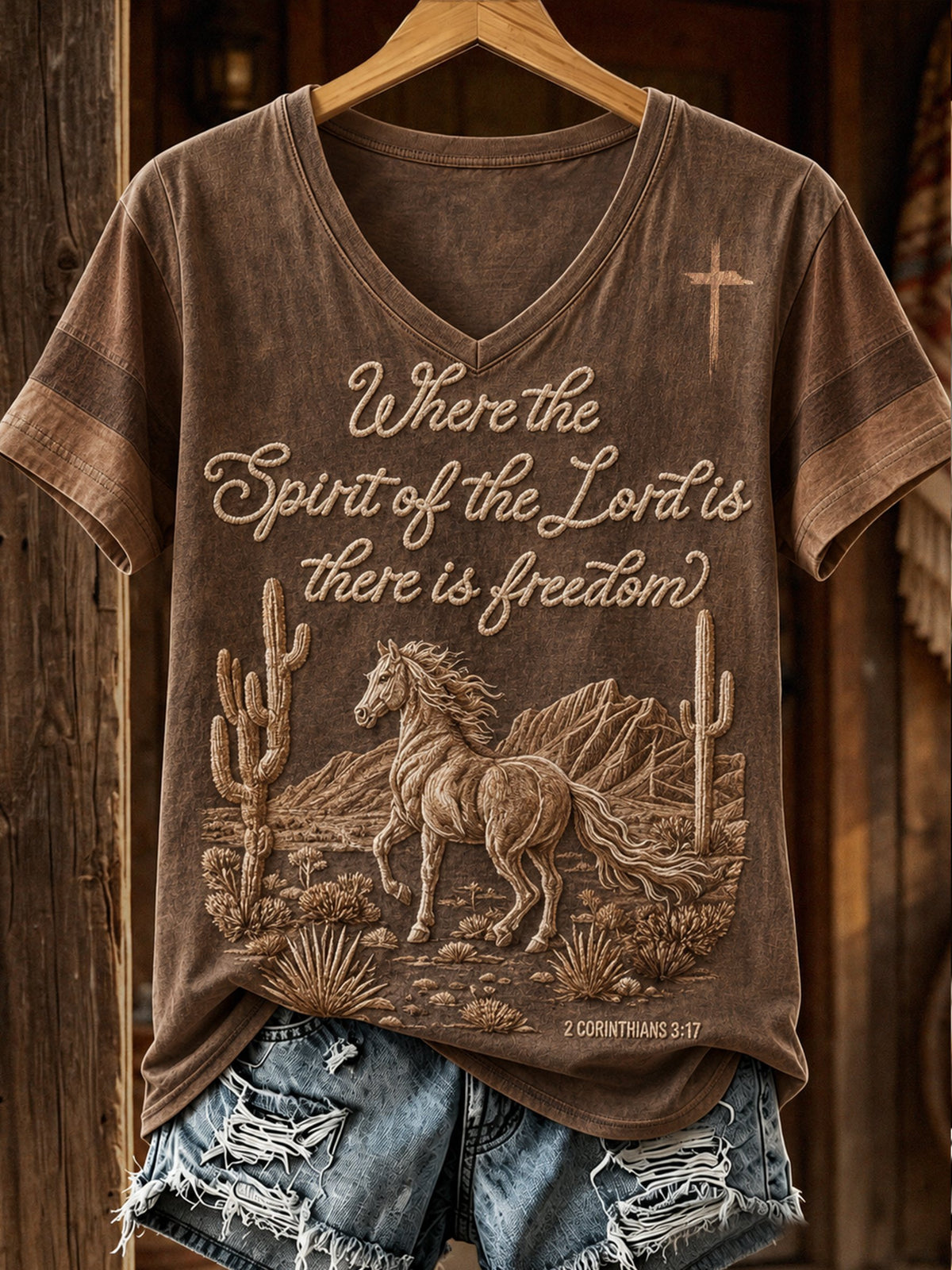 Women's Western Faith Print V-Neck Top