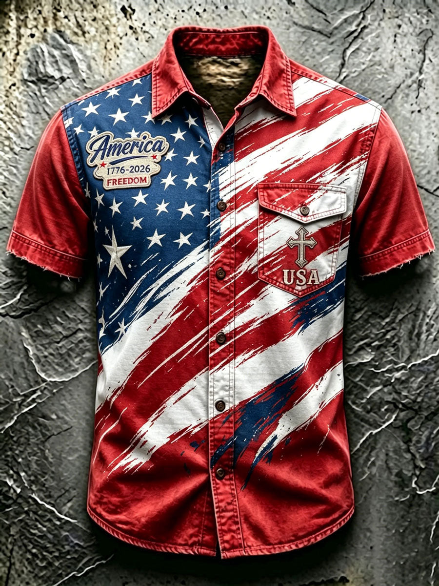 Men'S Retro Gradient Independence Day Faith Short Sleeved Shirt