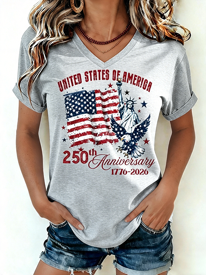 Women's 1776-2026 Statue of Liberty Anniversary Eagle Print V-neck T-shirt