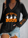 Women's Funny Halloween I’m Just Here for the Boos Printed V-Neck Long Sleeve Top