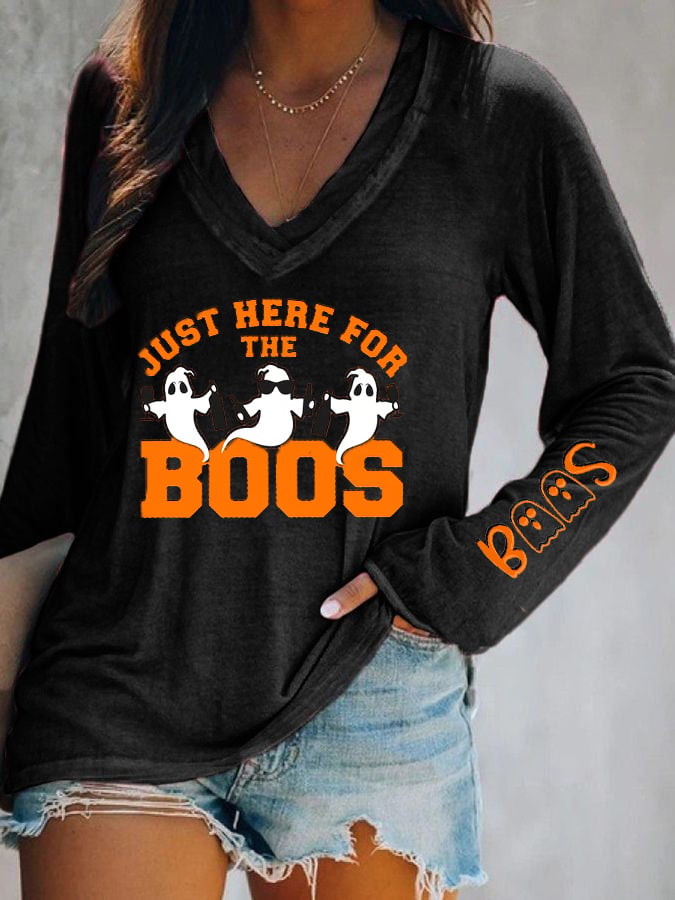 Women's Funny Halloween I’m Just Here for the Boos Printed V-Neck Long Sleeve Top