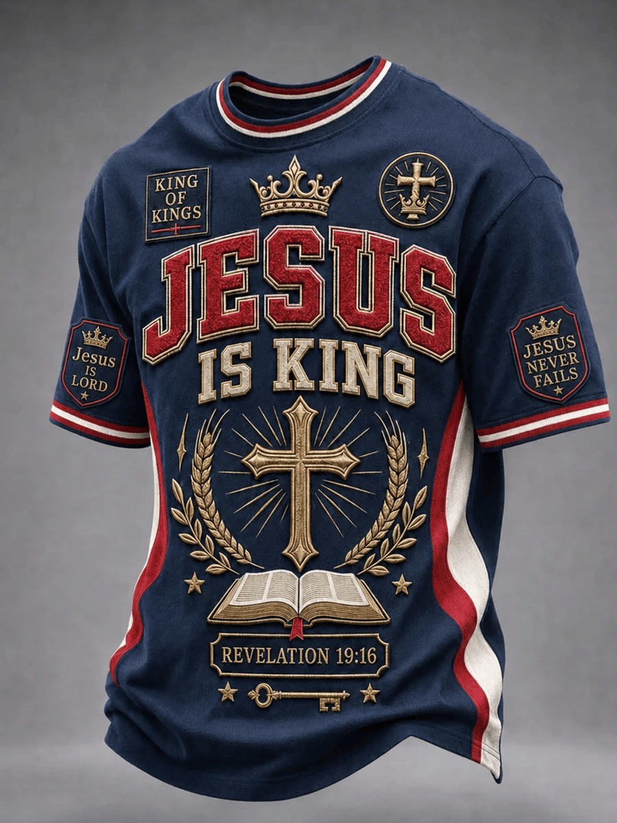 Men's Christian Jesus Is King Cross O-neck Short Sleeve T-shirt