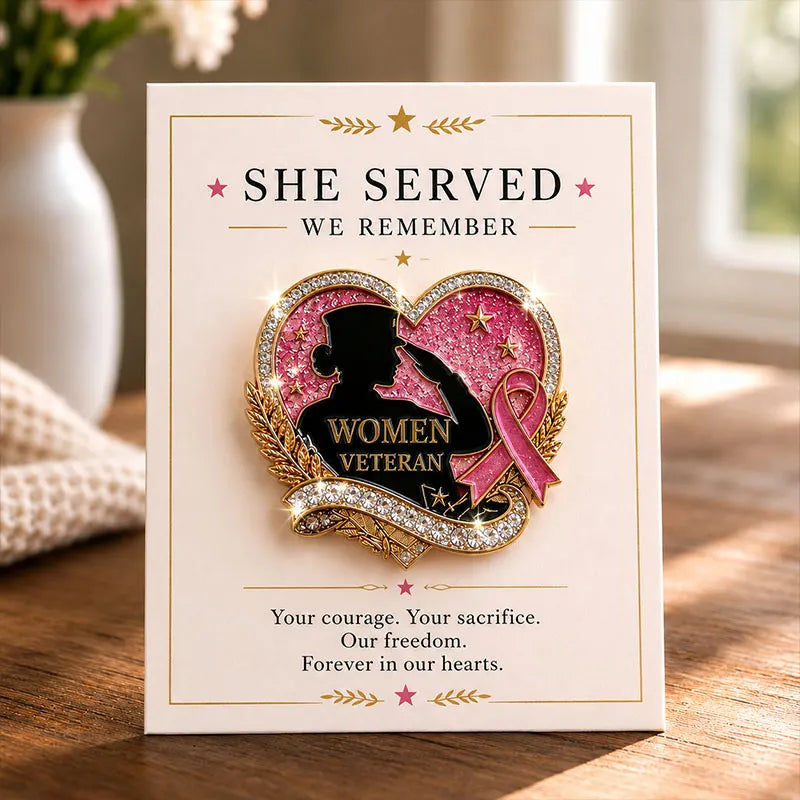 Female Veteran Memorial Heart Rhinestone Brooch Pin
