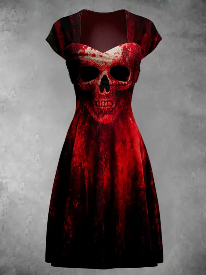 Women's Retro Skull Art Print V Neck Dress