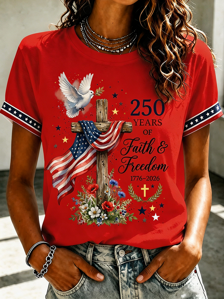 Women's 250 Years Faith & Freedom Dove Floral Cross Flag Print T-Shirt