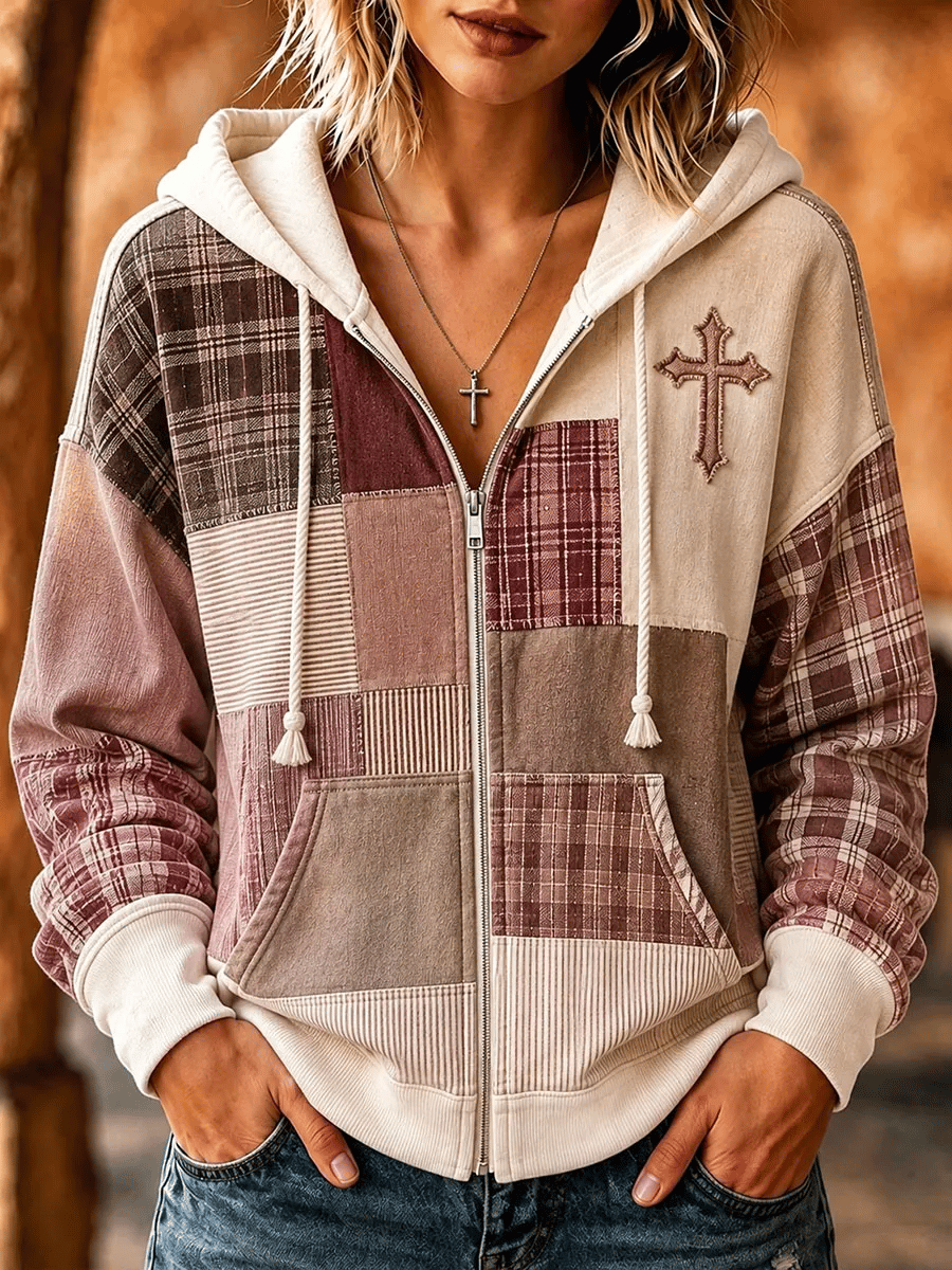 Women's Retro Faith Print Zip-Up Hooded Sweatshirt