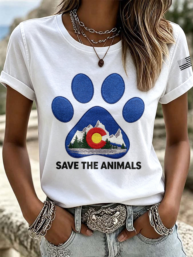 Women'S Retro Save The Animals Print T-Shirt