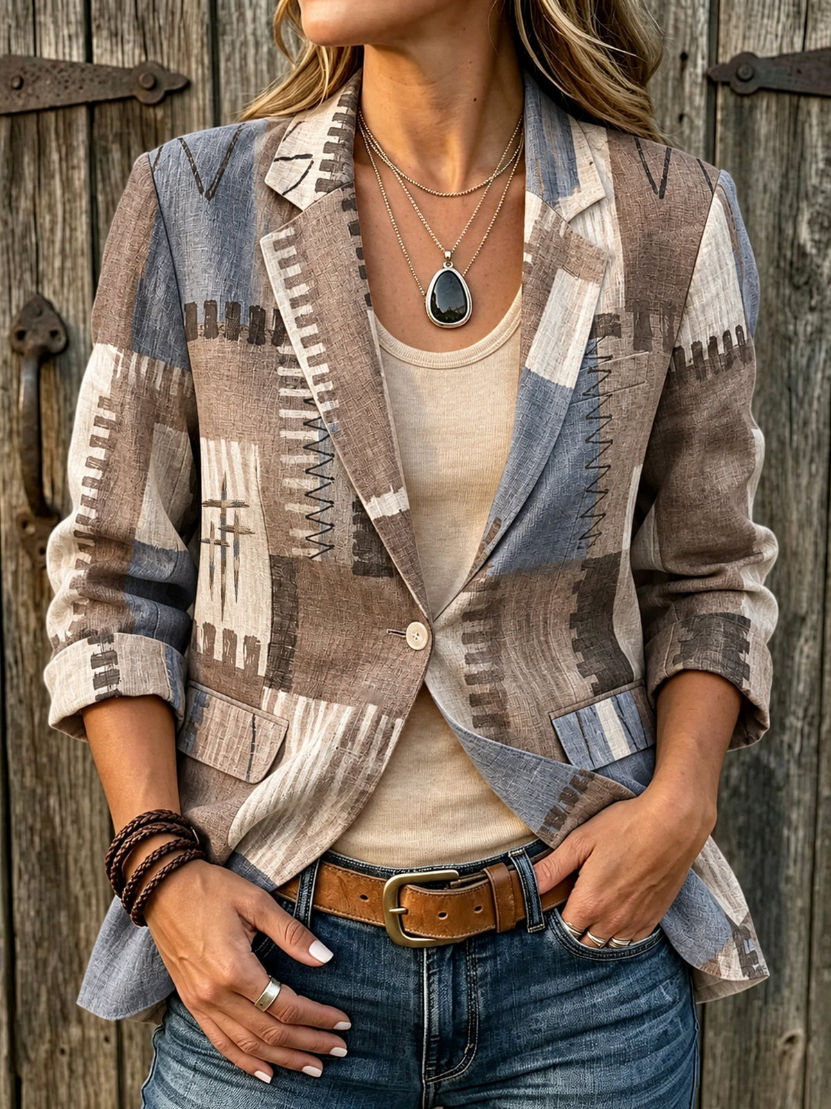 Women's Vintage-Style Jacket with Irregular Print (Faux Linen)