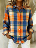 Women's Casual Retro Orange Plaid Cotton And Linen Shirt