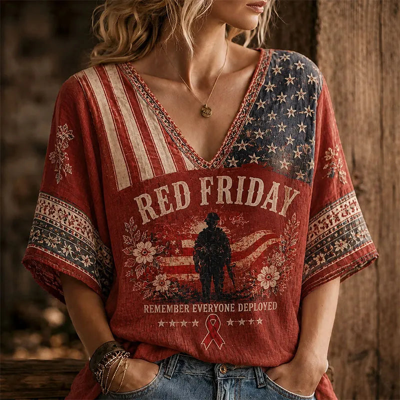 Red Friday Patriotic Vintage Military Patchwork V-Neck Shirt for Women