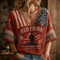Red Friday Patriotic Vintage Military Patchwork V-Neck Shirt for Women