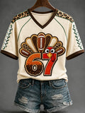Women's Fun Thanksgiving Turkey & Football Print T-Shirt