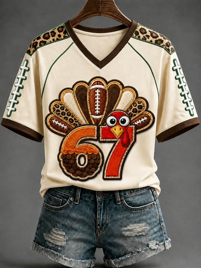 Women's Fun Thanksgiving Turkey & Football Print T-Shirt