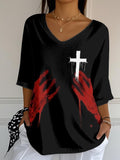 Women'S Casual Bloody Hands and Cross Print V-Neck T-Shirt