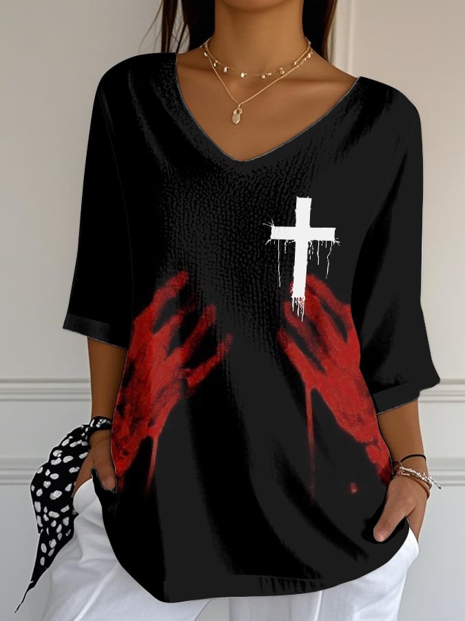 Women'S Casual Bloody Hands and Cross Print V-Neck T-Shirt