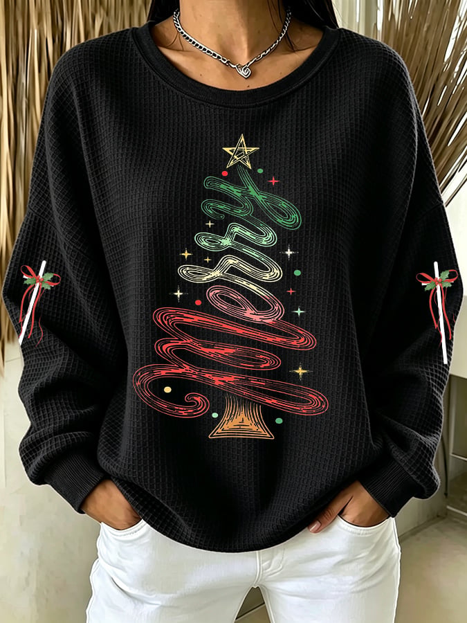 Women's Casual Printed Waffle Long-Sleeve Top