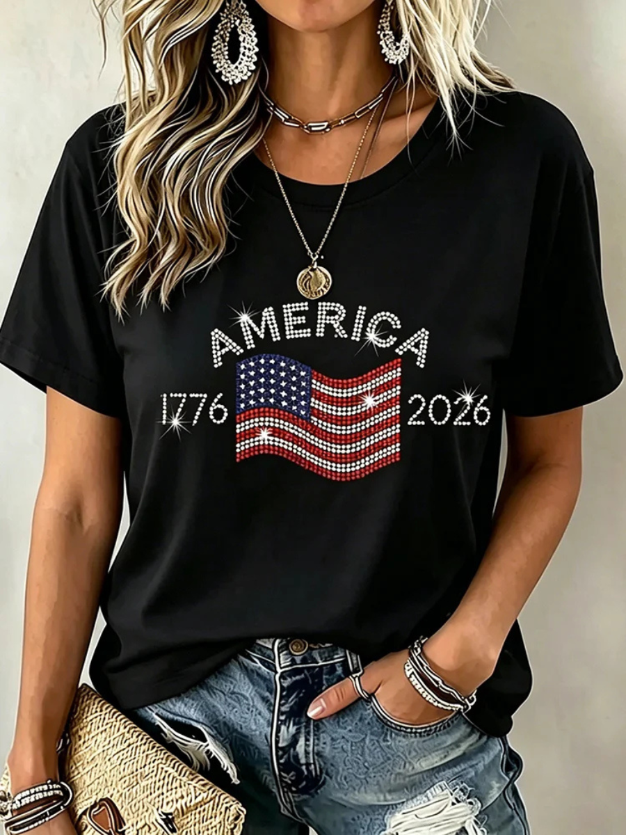 Women's America's 250th Anniversary Stand For The Flag Kneel For The Cross Faith Christian Cross Print T-Shirt