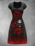 Women's Retro Skull Art Print V Neck Dress