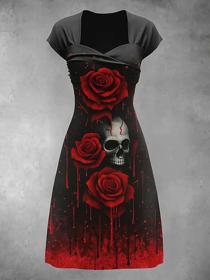 Women's Retro Skull Art Print V Neck Dress