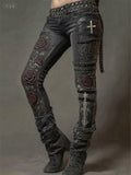 Women's Halloween Retro Faith Distressed Rock Gothic Print Pants (Belt Not Included)