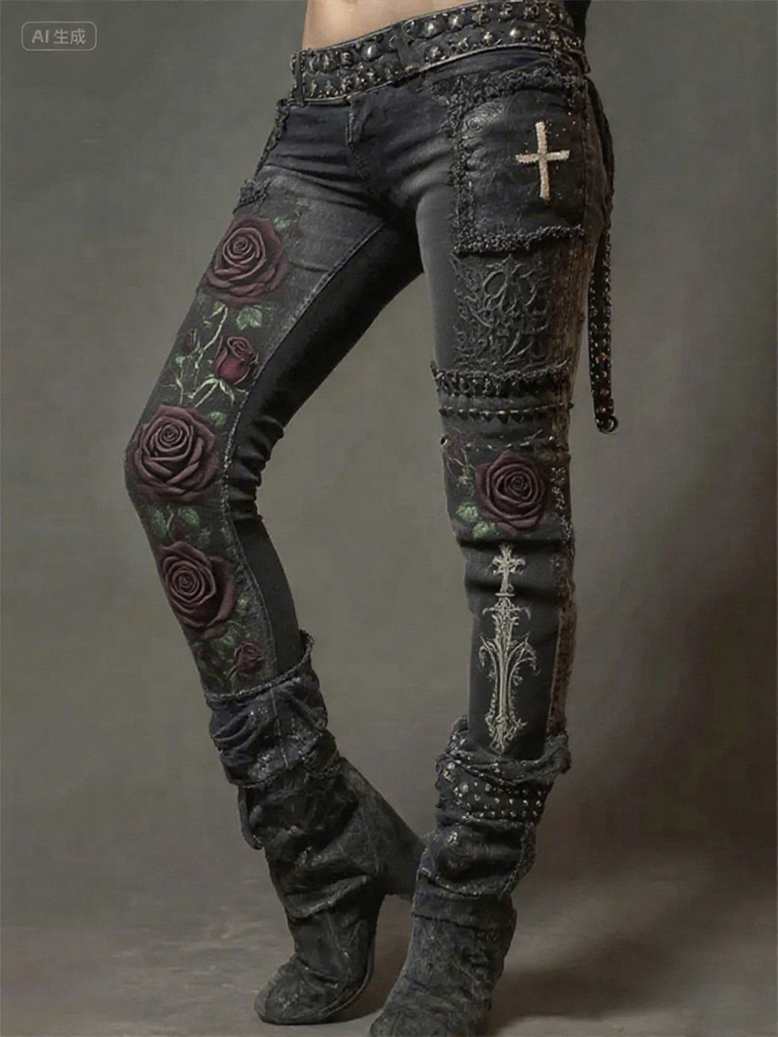 Women's Halloween Retro Faith Distressed Rock Gothic Print Pants (Belt Not Included)