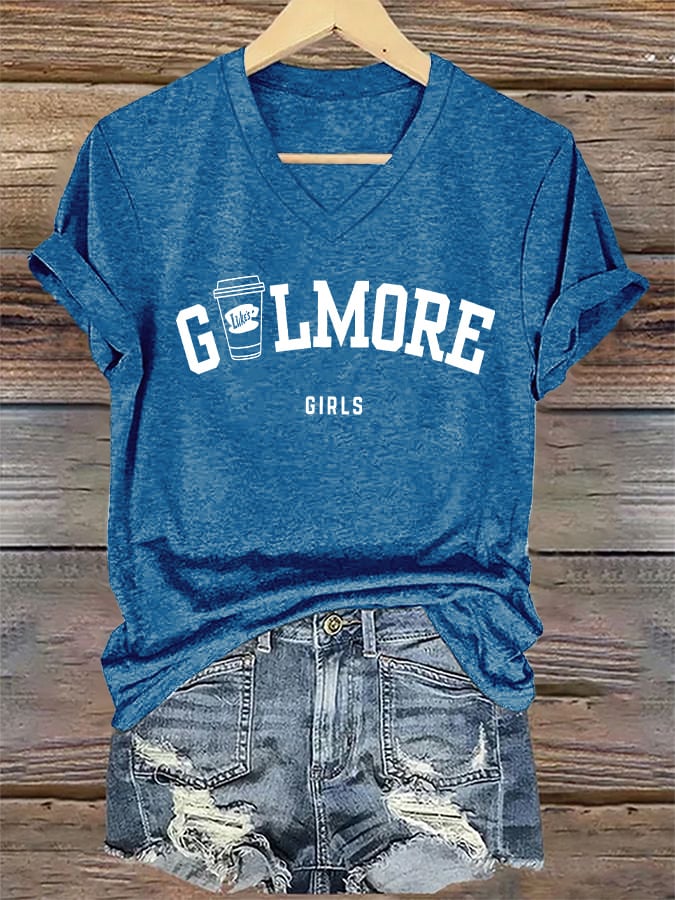 🔥HOT SALE🔥V-Neck Retro Fall Stars Hollow Luke’s Coffee Cup Girls Print T-Shirt