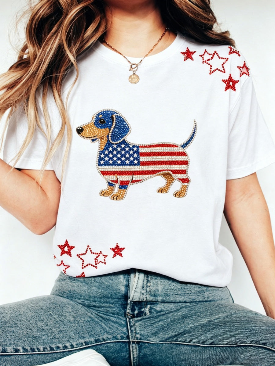 Women's Lovely Dachshund Rhinestone Pattern T-Shirt